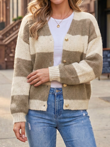 Striped Open Front Button Up Cardigans - Fisoew