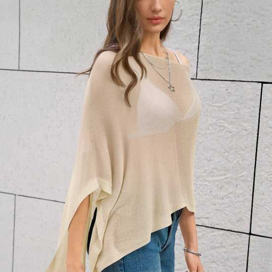 Fisoew Women's Apricot Sheer Lightweight Knit  Poncho Top - Fisoew
