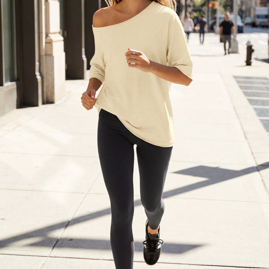 Fisoew Women's Beige Off The Shoulder Tops Oversized  T-Shirts - Fisoew