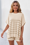 Fisoew Women's Apricot Striped Oversized Lounge Short Sets - Fisoew