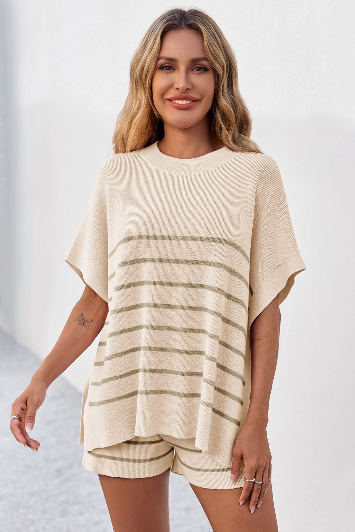 Fisoew Women's Apricot Striped Oversized Lounge Short Sets - Fisoew