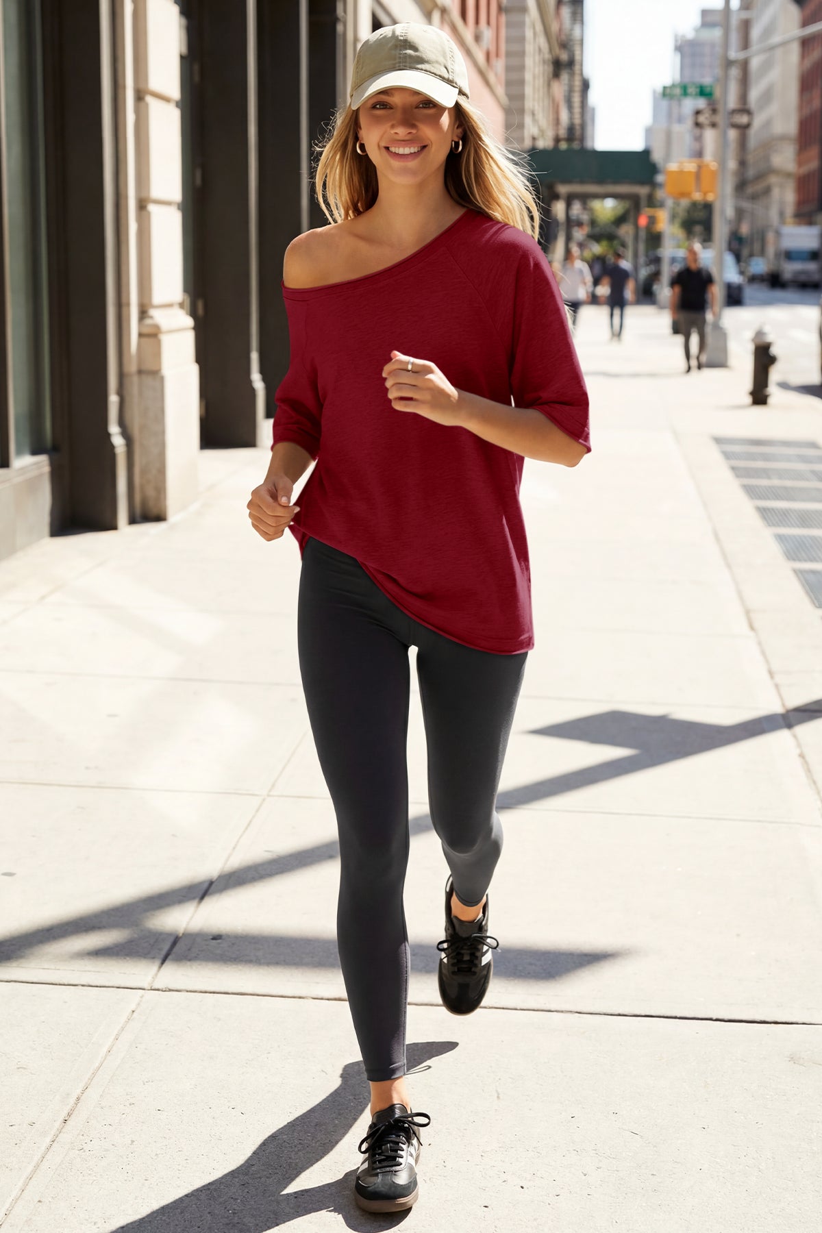 Fisoew Women's Burgundy Off The Shoulder Tops Oversized  T-Shirts - Fisoew