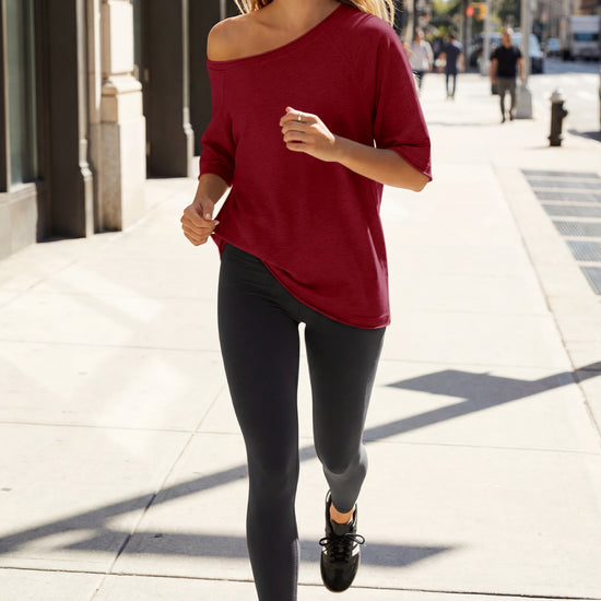 Fisoew Women's Burgundy Off The Shoulder Tops Oversized  T-Shirts - Fisoew