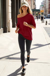 Fisoew Women's Burgundy Off The Shoulder Tops Oversized  T-Shirts - Fisoew
