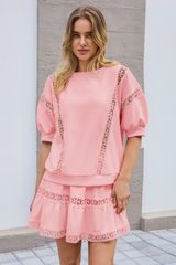Womens Pink Lace Trim Puff Sleeve Two Piece Skirt Set Fisoew