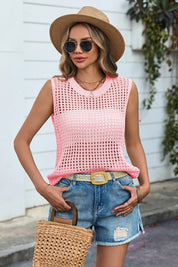 Fisoew Women's Pink Scoop Neck Crochet Boho Cover Ups - Fisoew
