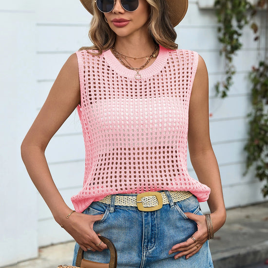 Fisoew Women's Pink Scoop Neck Crochet Boho Cover Ups - Fisoew