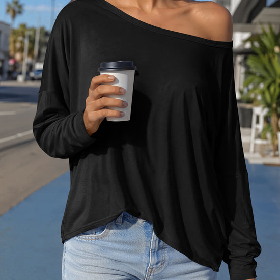 Off Shoulder Solid Long Sleeve T-Shirts - Fisoew