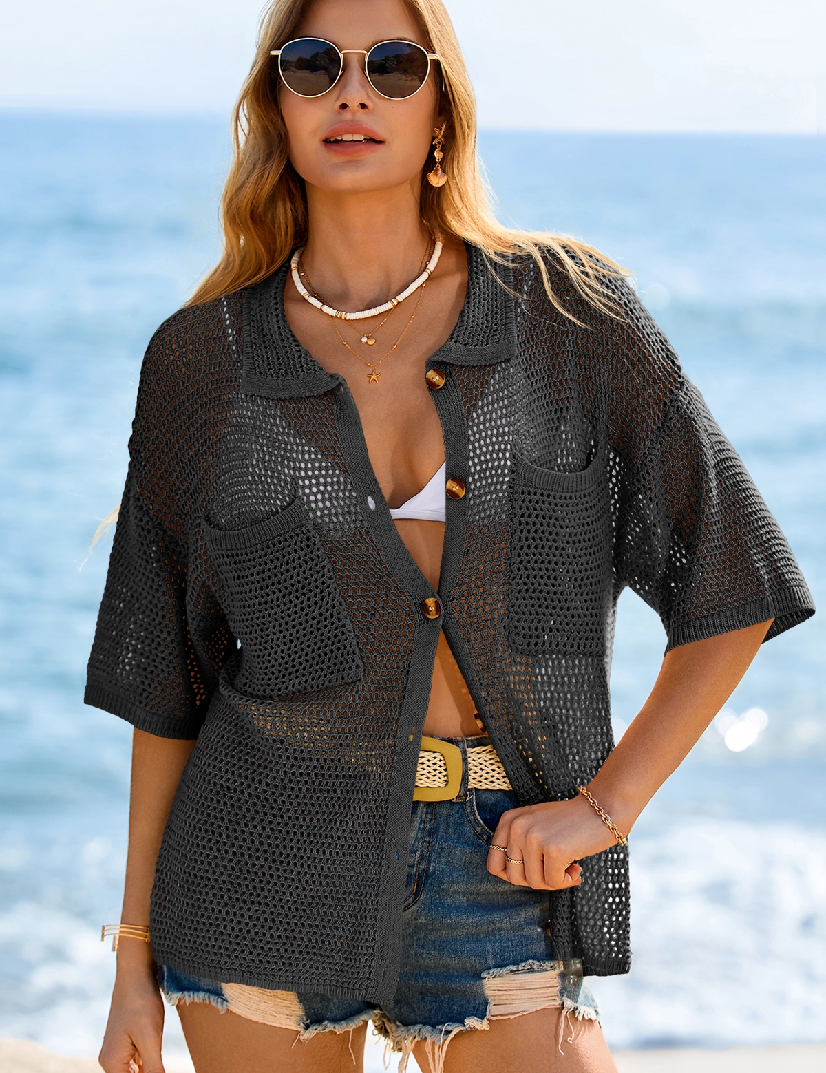 Fisoew Women's Black Crochet Lightweight Cardigan Sweaters Cover Up Shirts - Fisoew