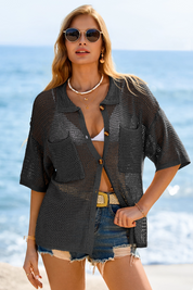 Fisoew Women's Black Crochet Lightweight Cardigan Sweaters Cover Up Shirts