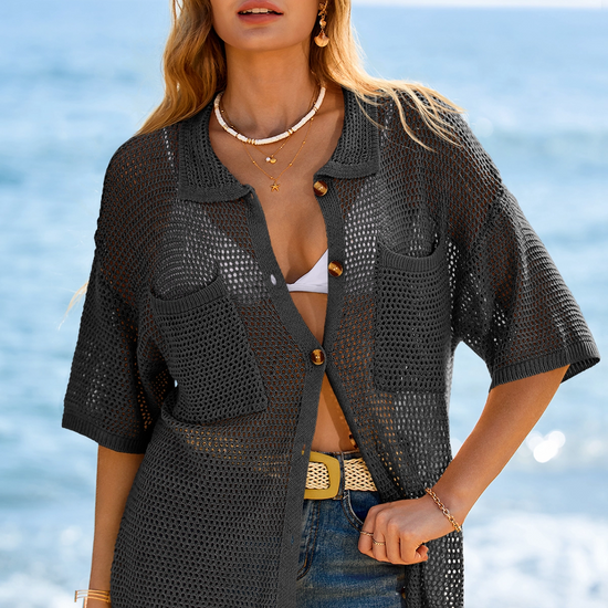Fisoew Women's Black Crochet Lightweight Cardigan Sweaters Cover Up Shirts - Fisoew