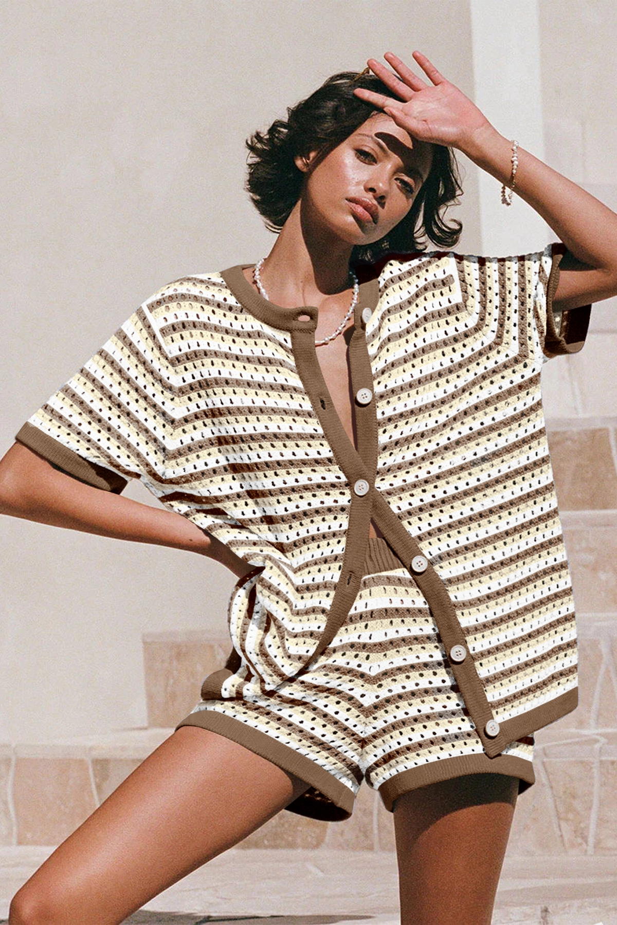 Fisoew Women's Brown Crochet Striped Knit Swimsuit 2-Piece Set