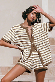 Fisoew Women's Brown Crochet Striped Knit Swimsuit 2-Piece Set
