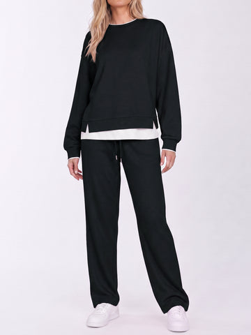 Layered Sweatshirt With Solid Pants Sets
