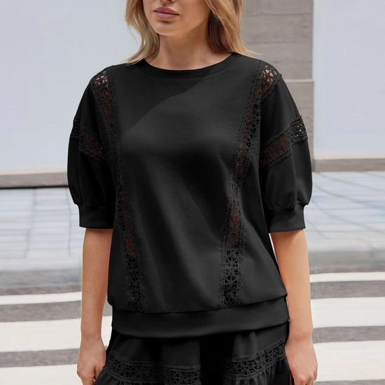 Womens Black Lace Trim Puff Sleeve Two Piece Skirt Set Fisoew - Fisoew