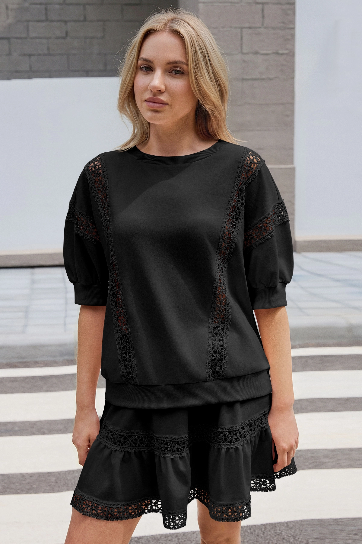 Womens Black Lace Trim Puff Sleeve Two Piece Skirt Set Fisoew - Fisoew