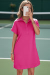 Womens Rose Red Collared V Neck Dresses Fisoew - Fisoew