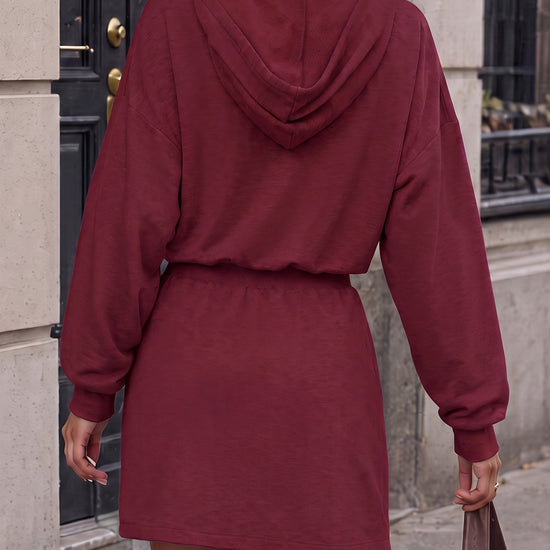 Hoodies Half Zip Elastic Waist Mini Dresses - Fisoew