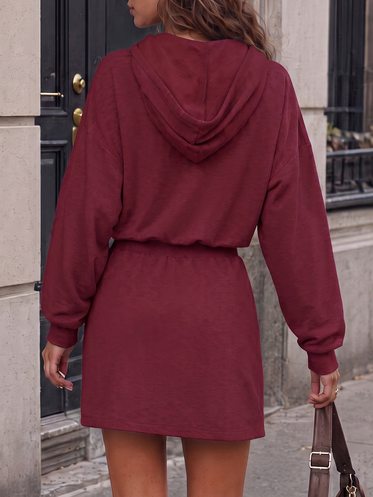 Hoodies Half Zip Elastic Waist Mini Dresses - Fisoew