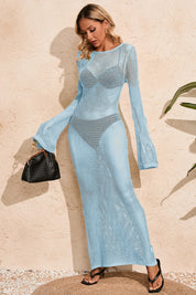 Fisoew Women's Blue Crochet  Long Sleeve Sexy Swimsuit Maxi Dress - Fisoew