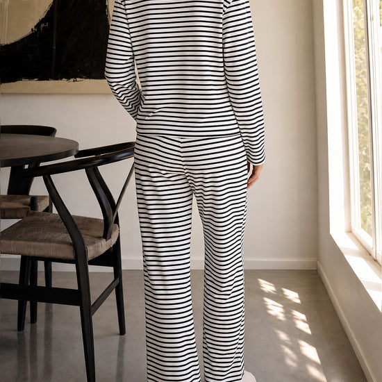 Striped Cardigan With Drawstring Pant Sets - Fisoew