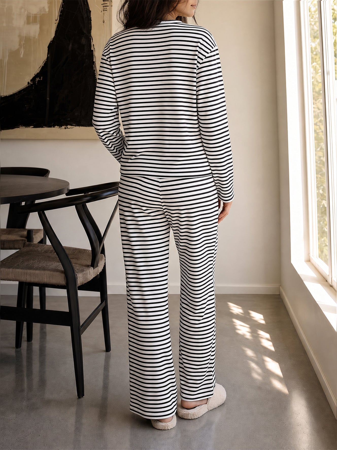 Striped Cardigan With Drawstring Pant Sets - Fisoew