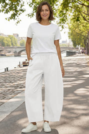 Fisoew Women's White Wide Leg Barrel Pants - Fisoew