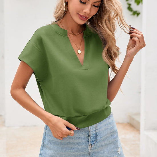 Fisoew Women's Army Green V Neck Cap Sleeve Casual Loose Fit T Shirts - Fisoew