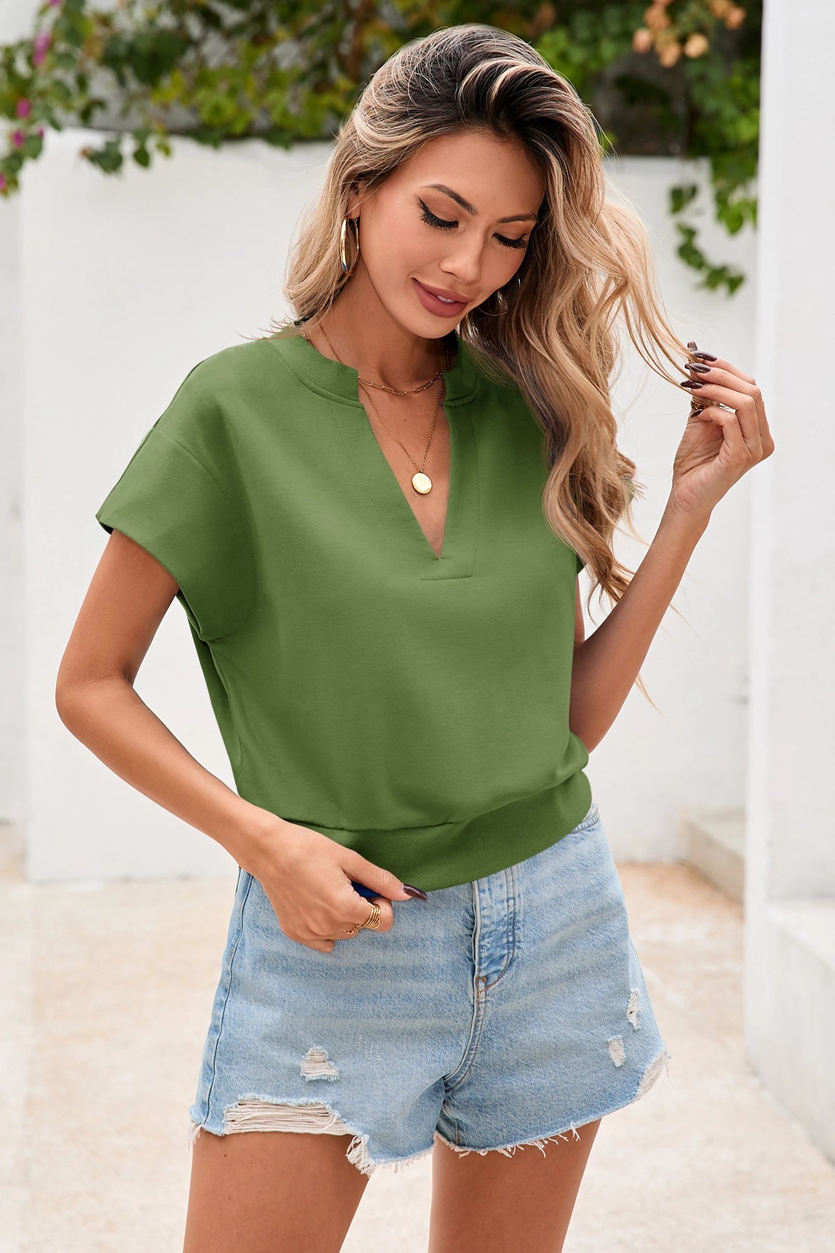 Fisoew Women's Army Green V Neck Cap Sleeve Casual Loose Fit T Shirts - Fisoew