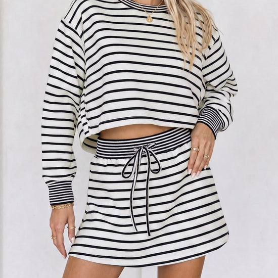 Striped Long Sleeve Crop Tops With Skort Sets - Fisoew
