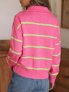 Zip Striped Oversized Turtleneck Pullover Top