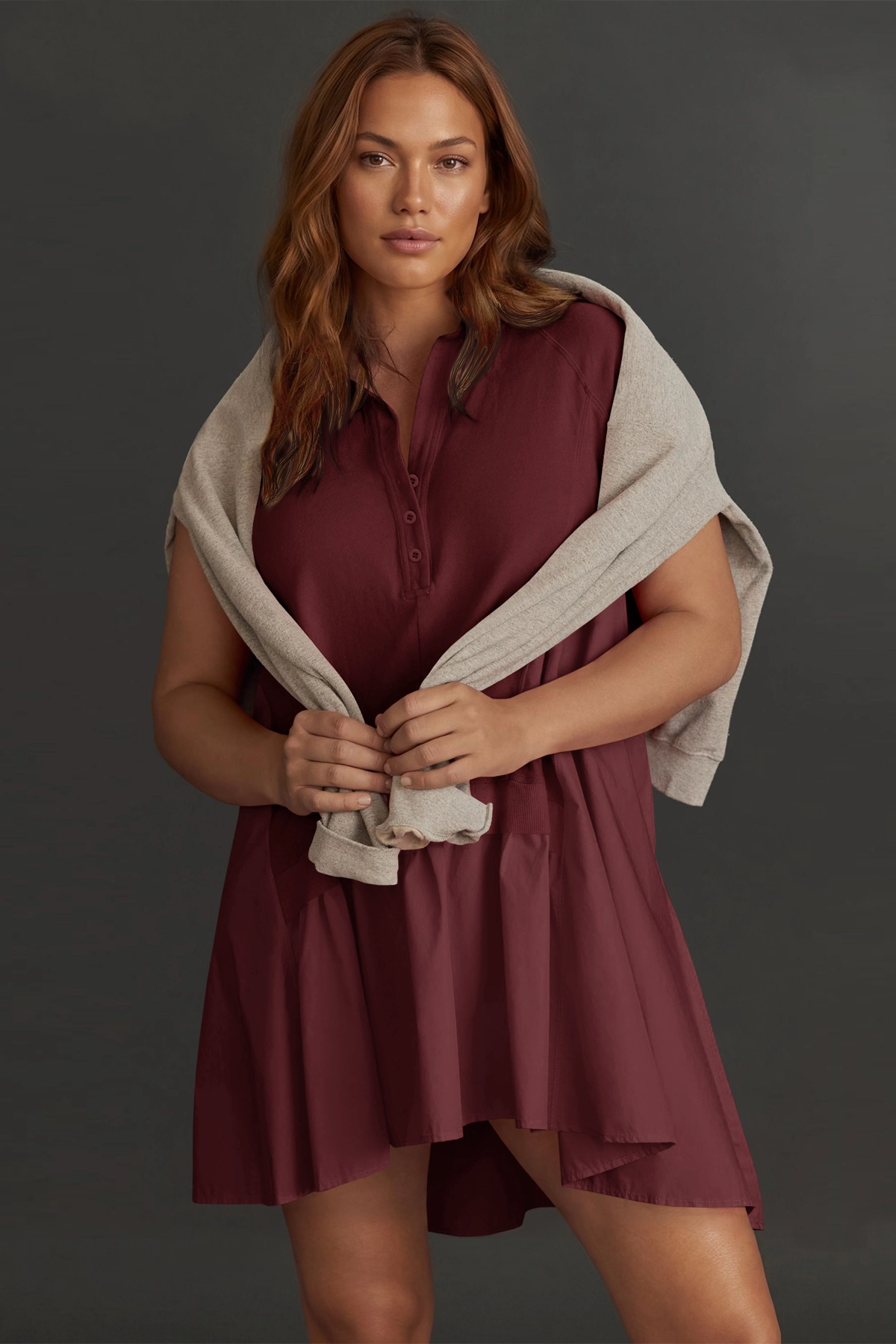 Fisoew Women's Burgundy Oversized Patchwork Mini Dress - Fisoew