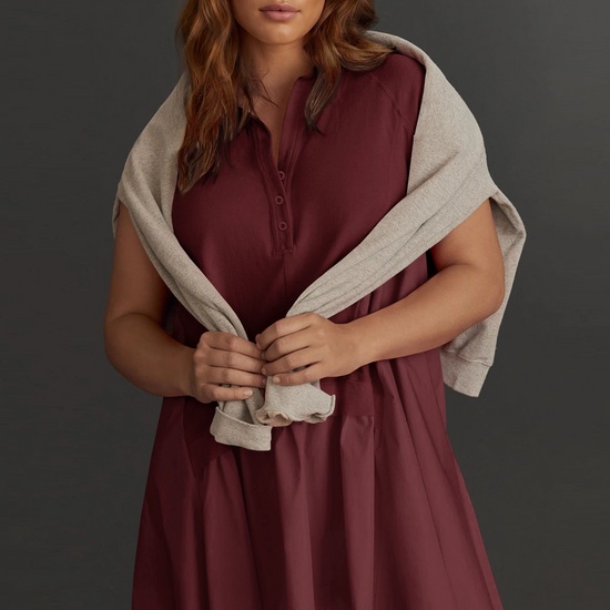 Fisoew Women's Burgundy Oversized Patchwork Mini Dress - Fisoew
