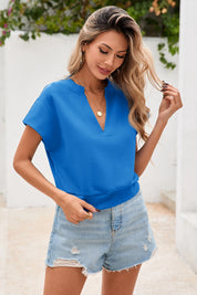 Fisoew Women's Royal Blue V Neck Cap Sleeve Casual Loose Fit T Shirts - Fisoew
