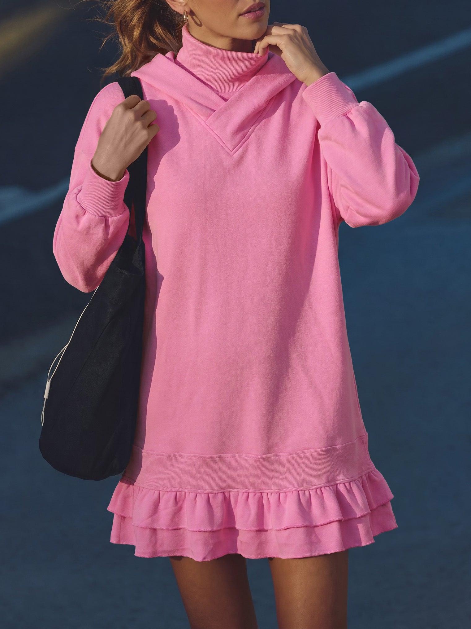 Turtleneck Hoodie Sweatshirt Mini Dresses - Fisoew