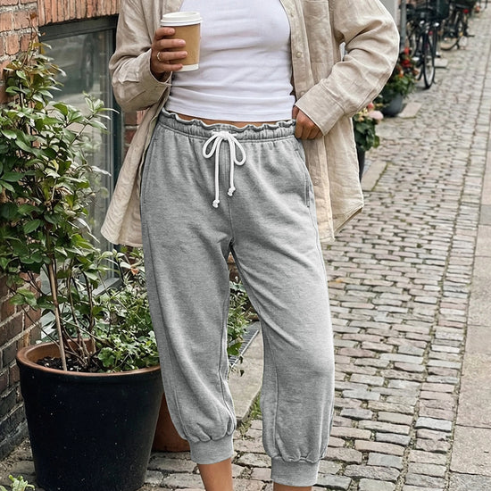 Fisoew Women's Grey Capri Joggers Trendy Drawstring Waist Sweatpants - Fisoew