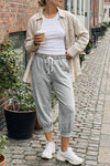 Fisoew Women's Grey Capri Joggers Trendy Drawstring Waist Sweatpants - Fisoew