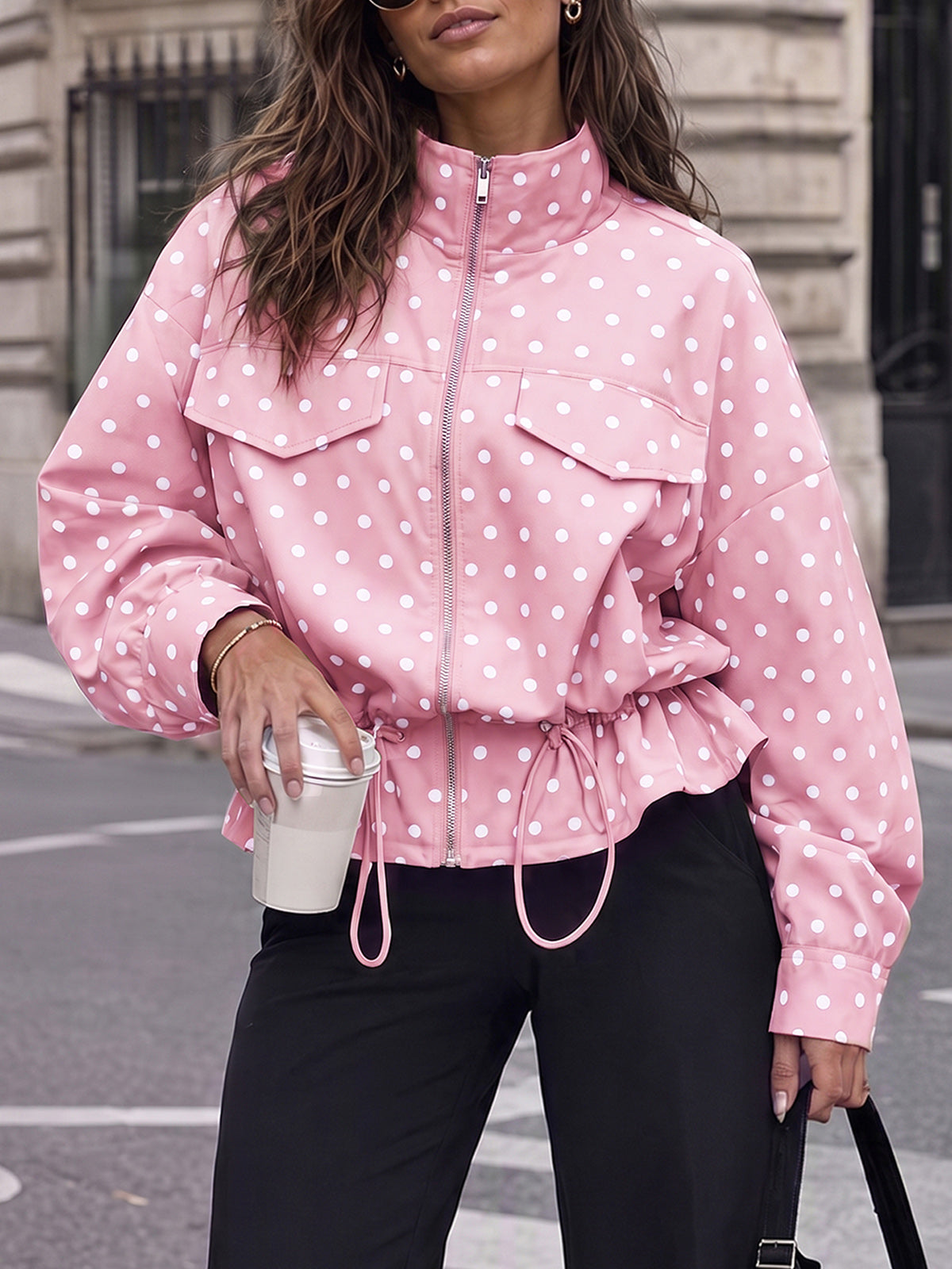 Zip Up Polka Dot Drwatring Jackets - Fisoew