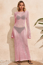Fisoew Women's Pink Crochet  Long Sleeve Sexy Swimsuit Maxi Dress - Fisoew