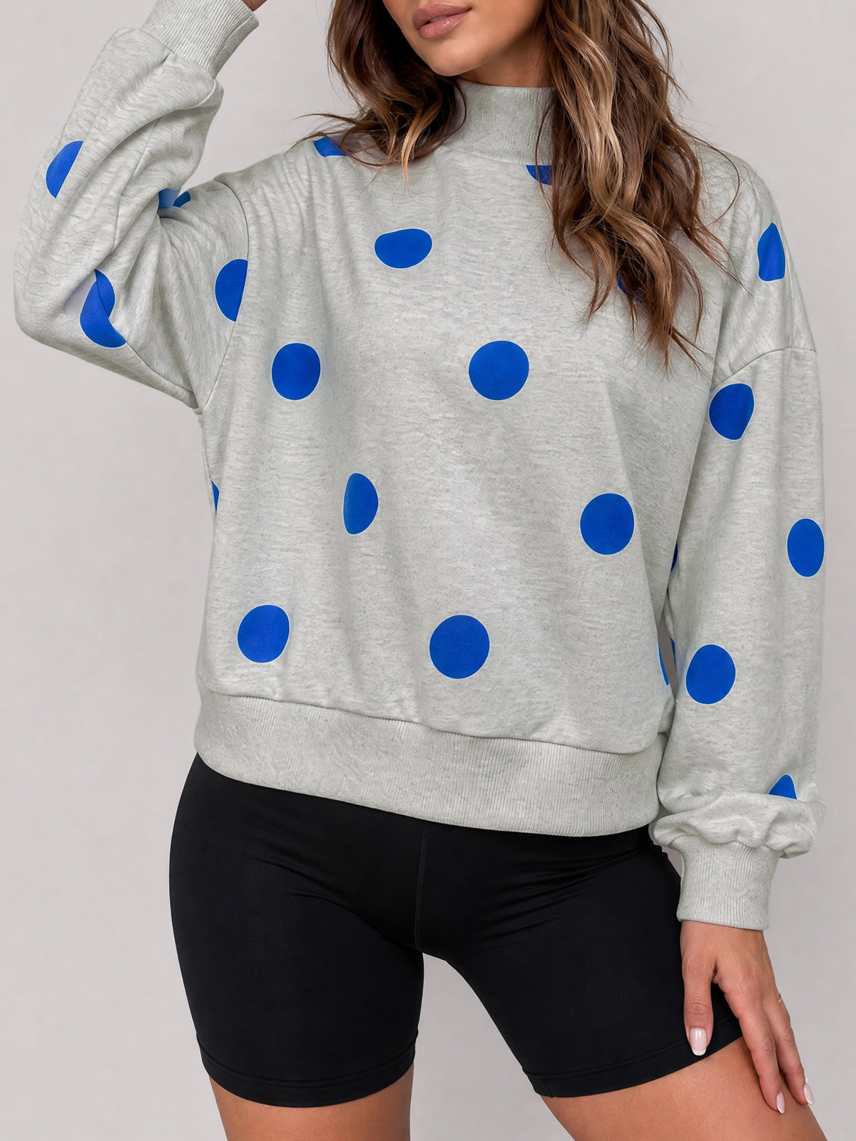 Mock Neck Long Sleeve Polka Dot Sweatshirts - Fisoew