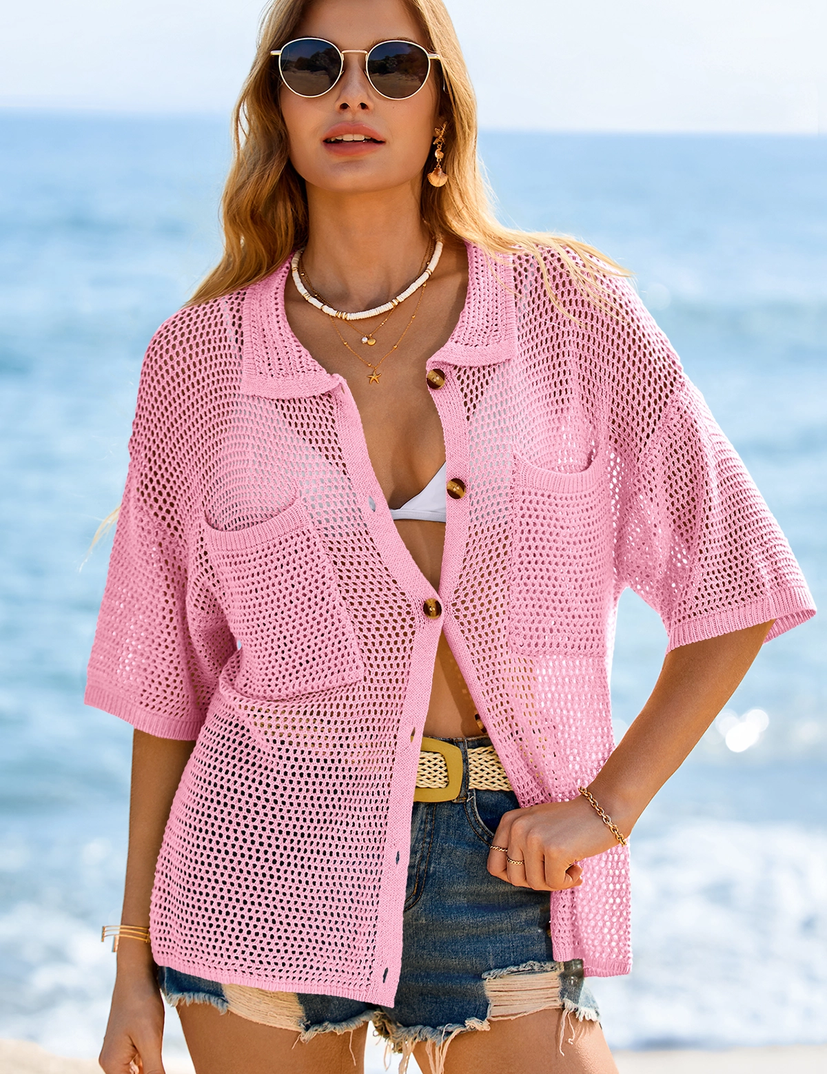 Fisoew Women's Pink Crochet Lightweight Cardigan Sweaters Cover Up Shirts - Fisoew