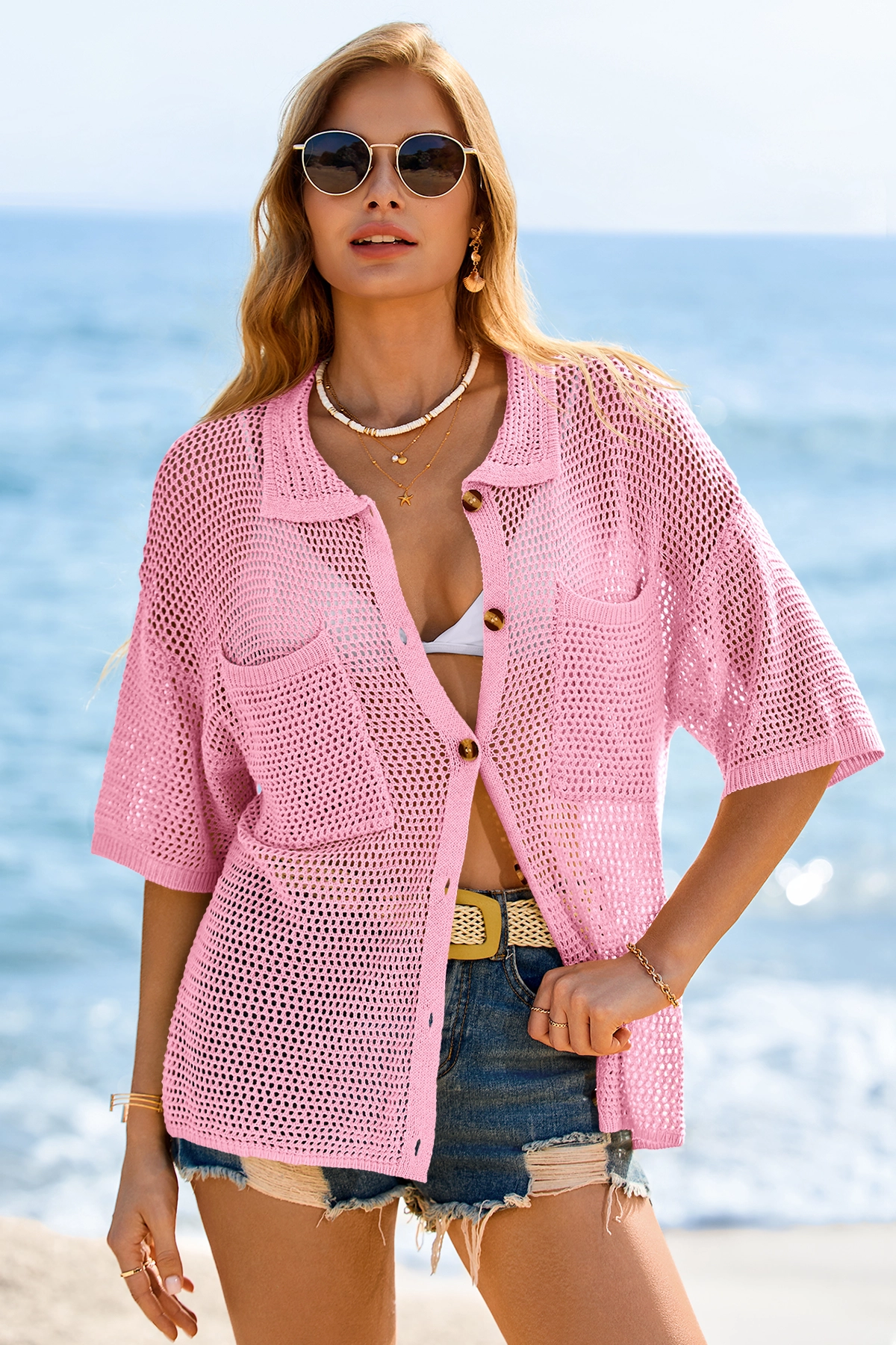 Fisoew Women's Pink Crochet Lightweight Cardigan Sweaters Cover Up Shirts