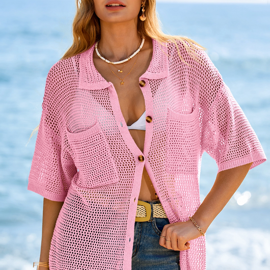 Fisoew Women's Pink Crochet Lightweight Cardigan Sweaters Cover Up Shirts - Fisoew