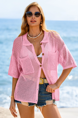 Fisoew Women's Pink Crochet Lightweight Cardigan Sweaters Cover Up Shirts