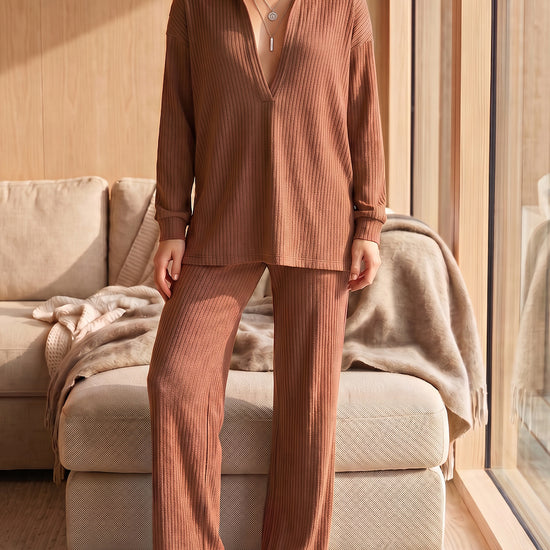 Deep V-Neck High-Stretch Top and Pants Set - Fisoew