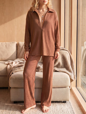 Deep V-Neck High-Stretch Top and Pants Set - Fisoew