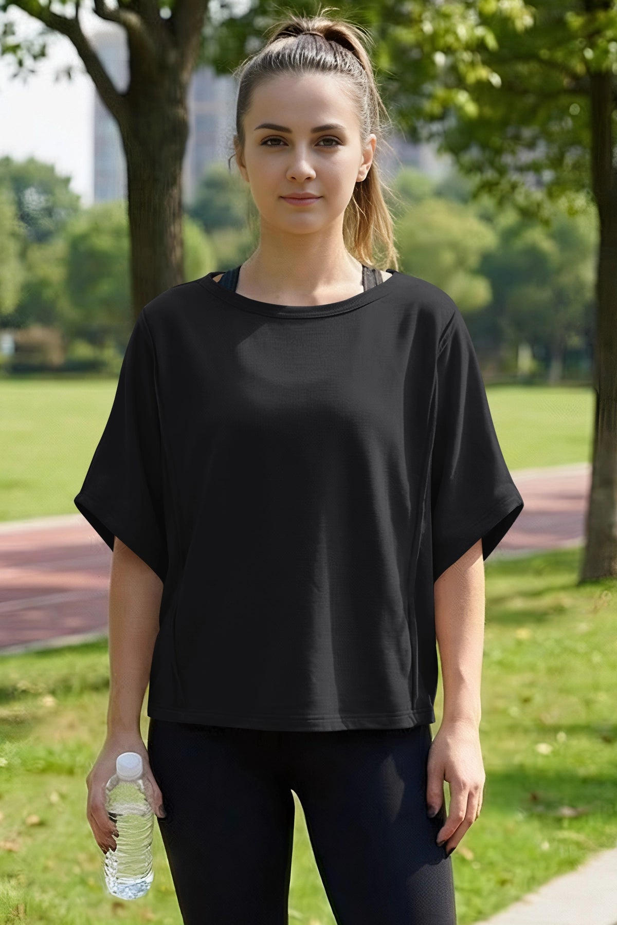 Fisoew Women's Black Oversized Crop Tops Summer T-Shirt - Fisoew