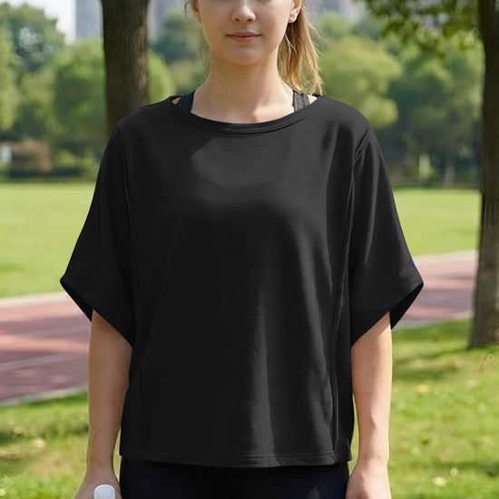 Fisoew Women's Black Oversized Crop Tops Summer T-Shirt - Fisoew