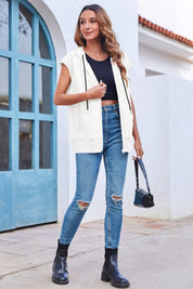 Fisoew Women's White Sleeveless Zip Up Hoodies - Fisoew