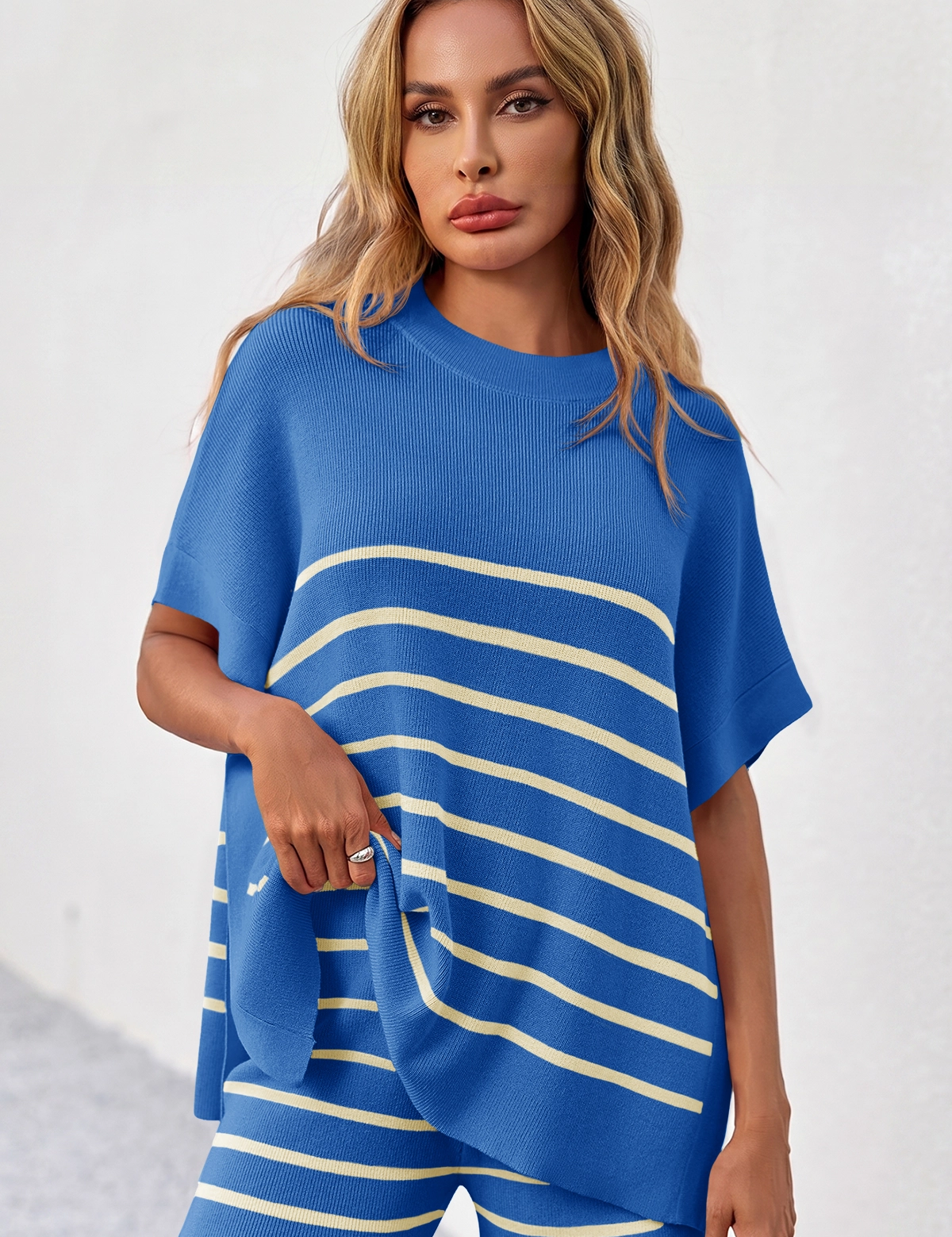 Fisoew Women's Blue Striped Oversized Lounge Short Sets - Fisoew